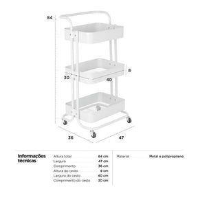 Carrinho organizador Berlim cozinha escritório quarto 3 prateleiras Verde Claro