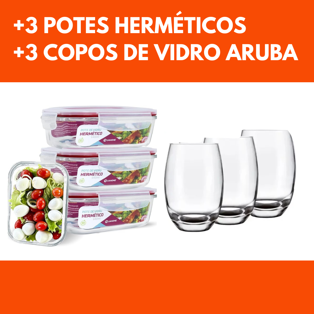 + 3 Potes Herméticos + 3 Copos de Vidro Aruba